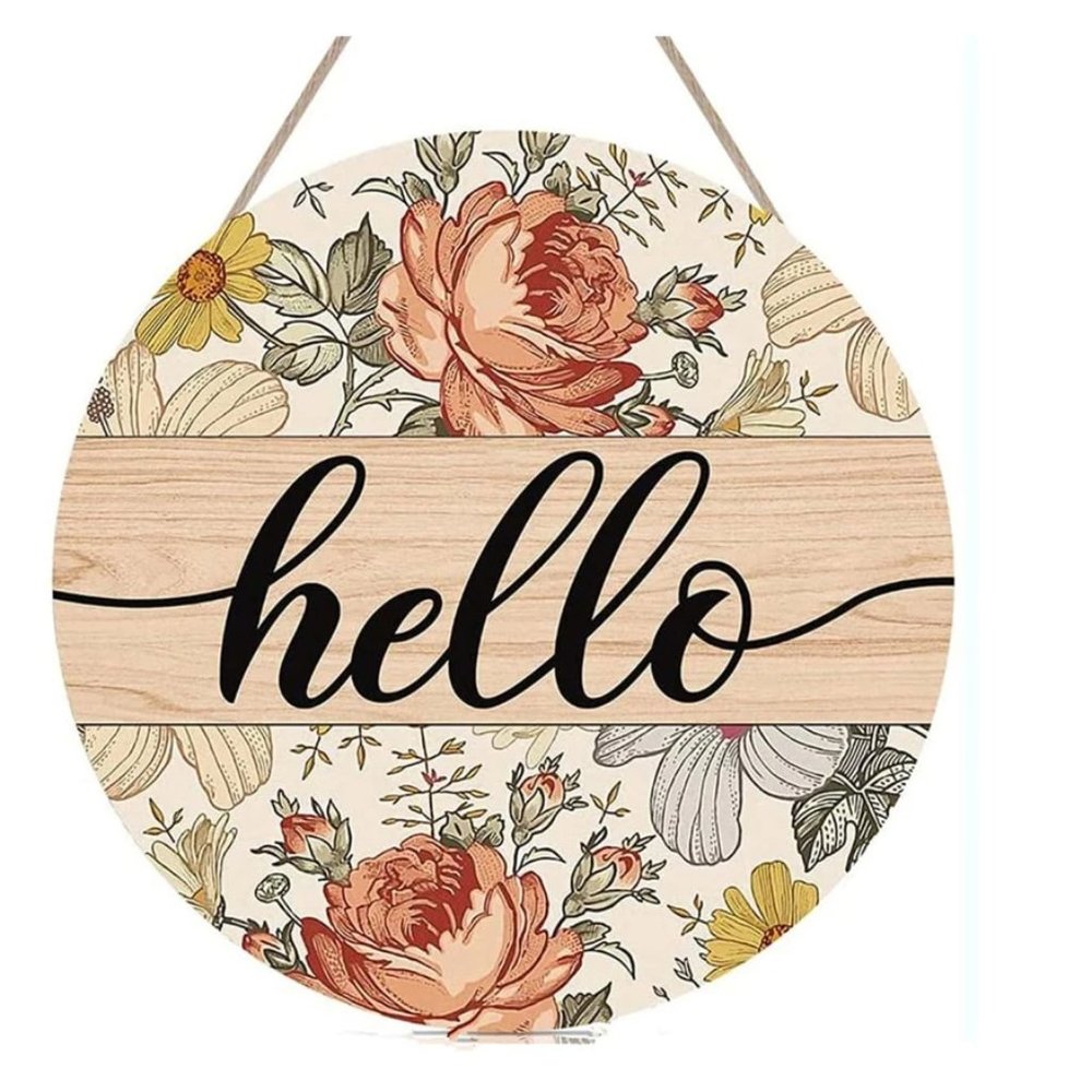 SHEIN Flower print garden sign HELLO wood hanger door wreath new